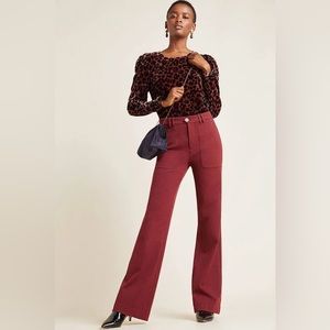 Anthropologie The Essential Trouser Twill Slim flaredleg Pants Red Burgundy sz 0